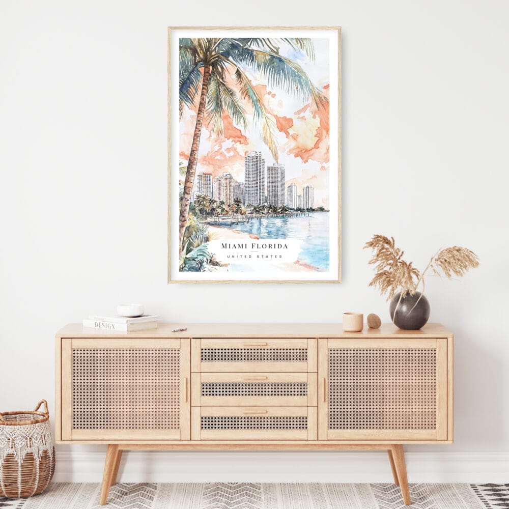 Miami Florida Sunset Watercolor Art Print - Shelf - Portrait Miami Florida Sunset Watercolor Art Print - Shelf - Portrait