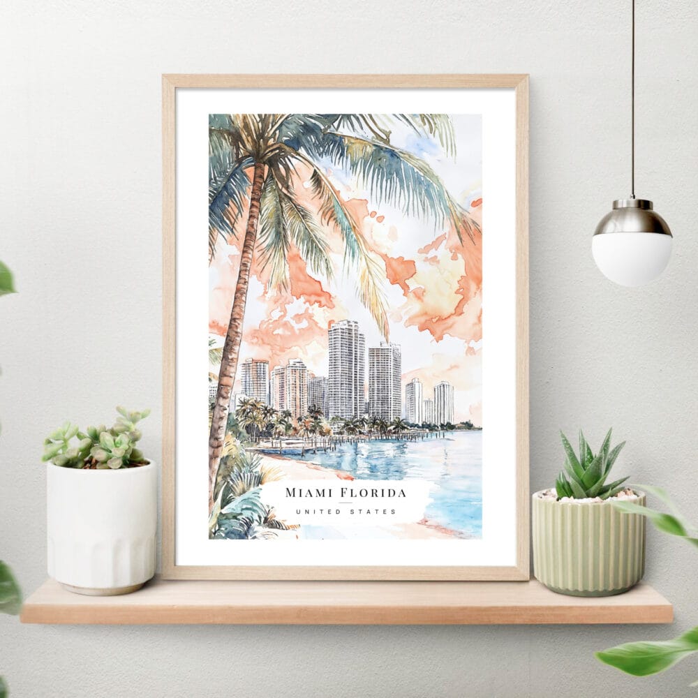 Miami Florida Sunset Watercolor Art Print on shelf Miami Florida Sunset Watercolor Art Print on shelf