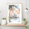 Miami Florida Sunset Watercolor Art Print on shelf