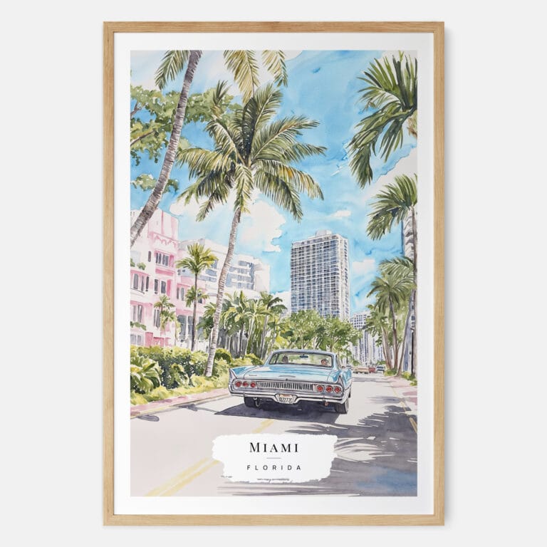 Miami Watercolor Painting Art Print - Main - Wood Frame