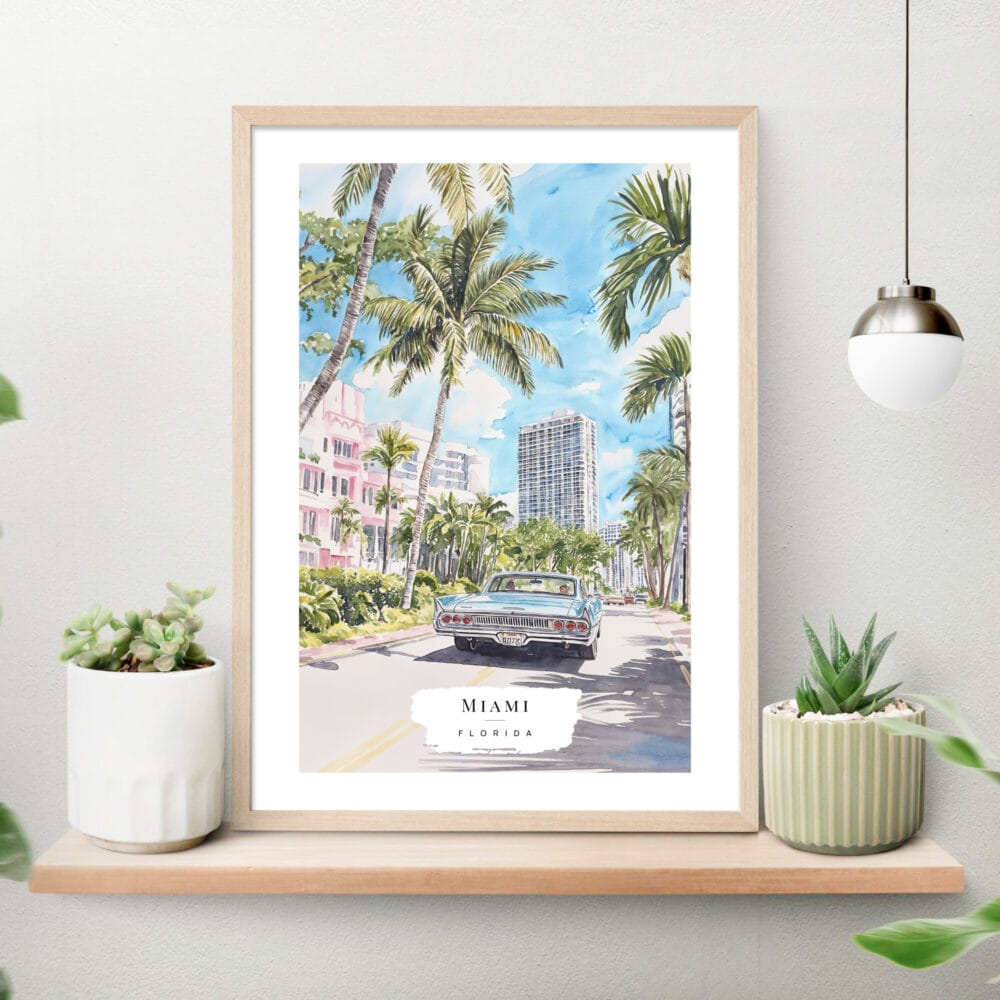 Miami Watercolor Painting Art Print on shelf Miami Watercolor Painting Art Print on shelf