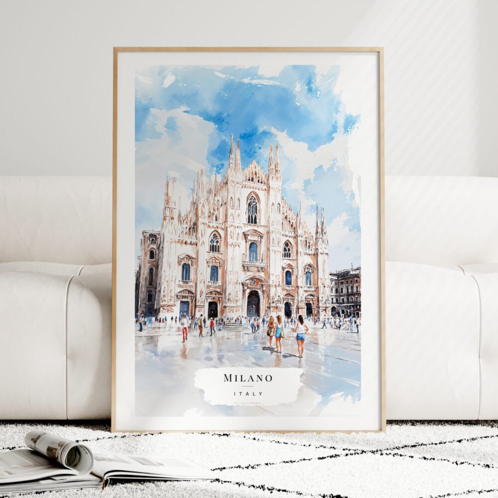 Milano Italy Watercolor Art Print - Wood Frame standing on Floor Milano Italy Watercolor Art Print - Wood Frame standing on Floor