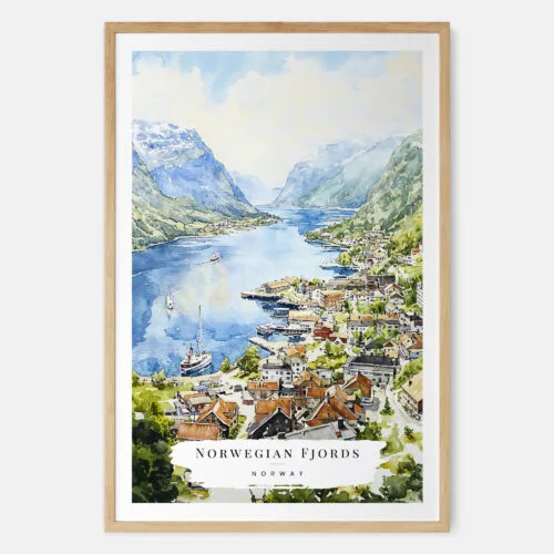 Norwegian Fjords Watercolor Art Print - Main - Wood Frame