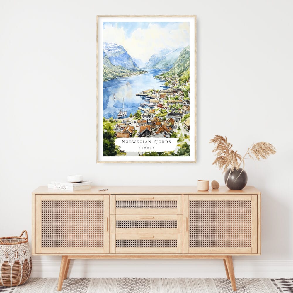 Norwegian Fjords Watercolor Art Print - Shelf - Portrait Norwegian Fjords Watercolor Art Print - Shelf - Portrait