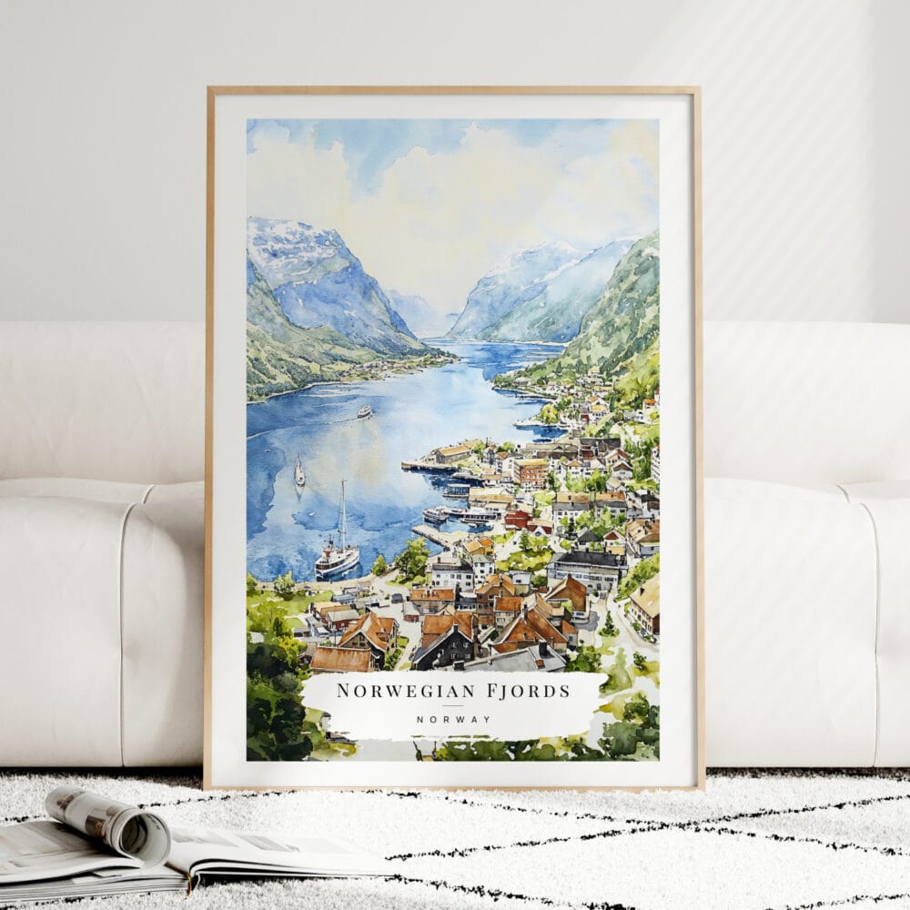 Norwegian Fjords Watercolor Art Print - Wood Frame standing on Floor Norwegian Fjords Watercolor Art Print - Wood Frame standing on Floor