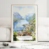Norwegian Fjords Watercolor Art Print - Wood Frame standing on Floor