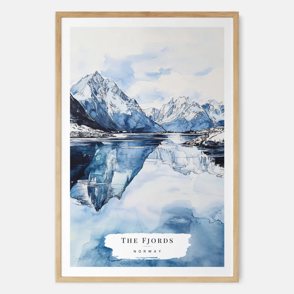 Norwegian Fjords in Winter Watercolor Art Print - Main - Wood Frame Norwegian Fjords in Winter Watercolor Art Print - Main - Wood Frame