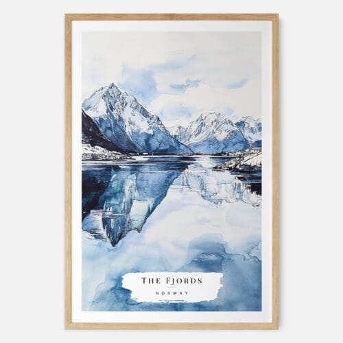 Norwegian Fjords in Winter Watercolor Art Print - Main - Wood Frame