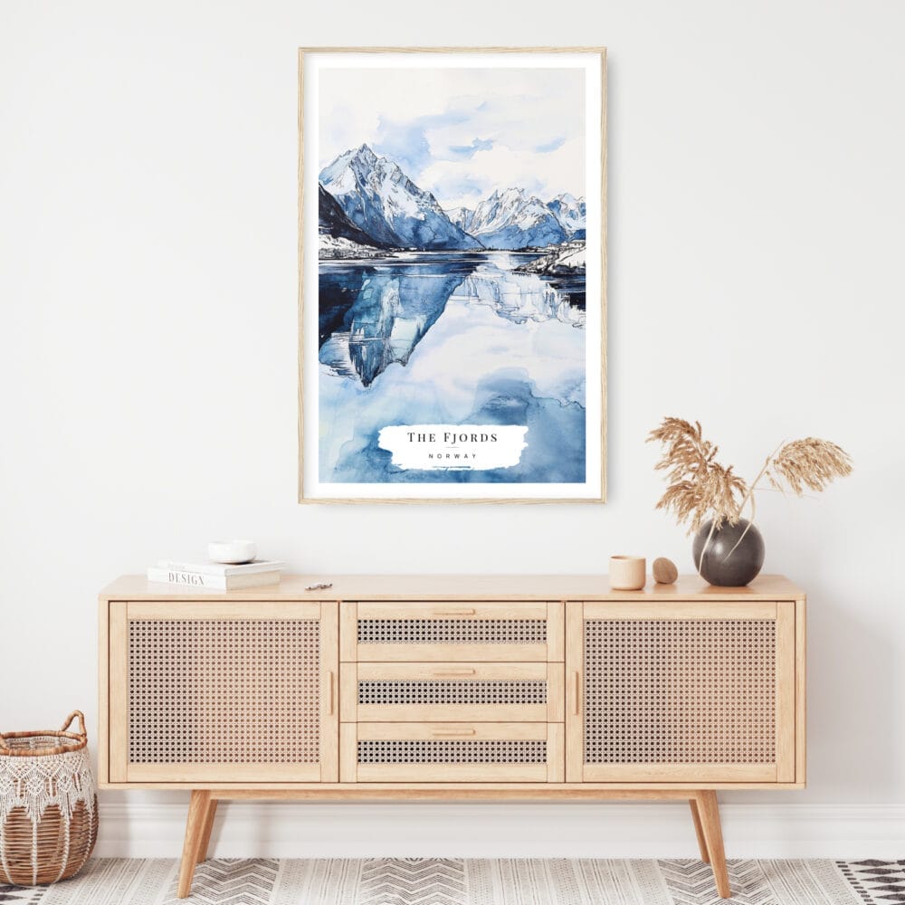 Norwegian Fjords in Winter Watercolor Art Print - Shelf - Portrait Norwegian Fjords in Winter Watercolor Art Print - Shelf - Portrait
