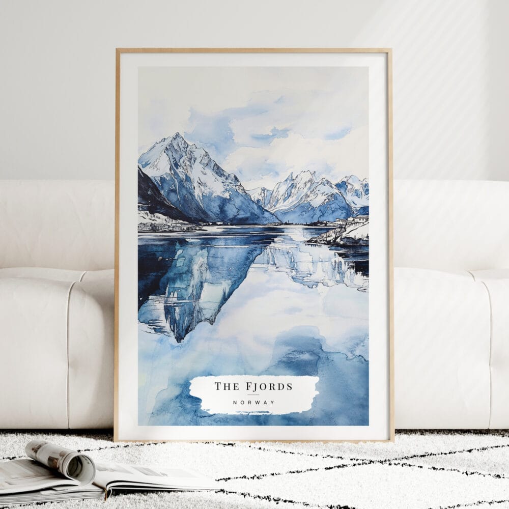 Norwegian Fjords in Winter Watercolor Art Print - Wood Frame standing on Floor Norwegian Fjords in Winter Watercolor Art Print - Wood Frame standing on Floor