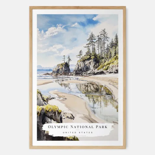 Olympic National Park Rialto Beach Watercolor Art Print - Main - Wood Frame