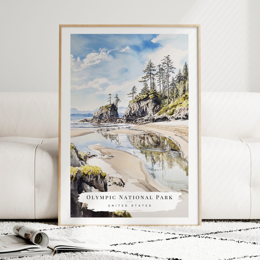 Olympic National Park Rialto Beach Watercolor Art Print - Wood Frame standing on Floor Olympic National Park Rialto Beach Watercolor Art Print - Wood Frame standing on Floor