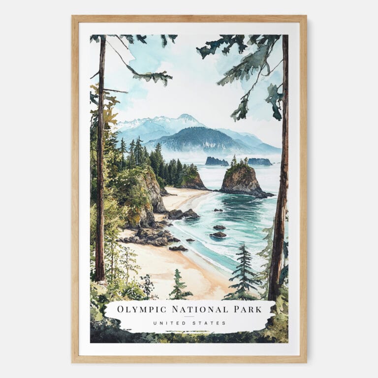 Olympic National Park Watercolor Art Print - Main - Wood Frame