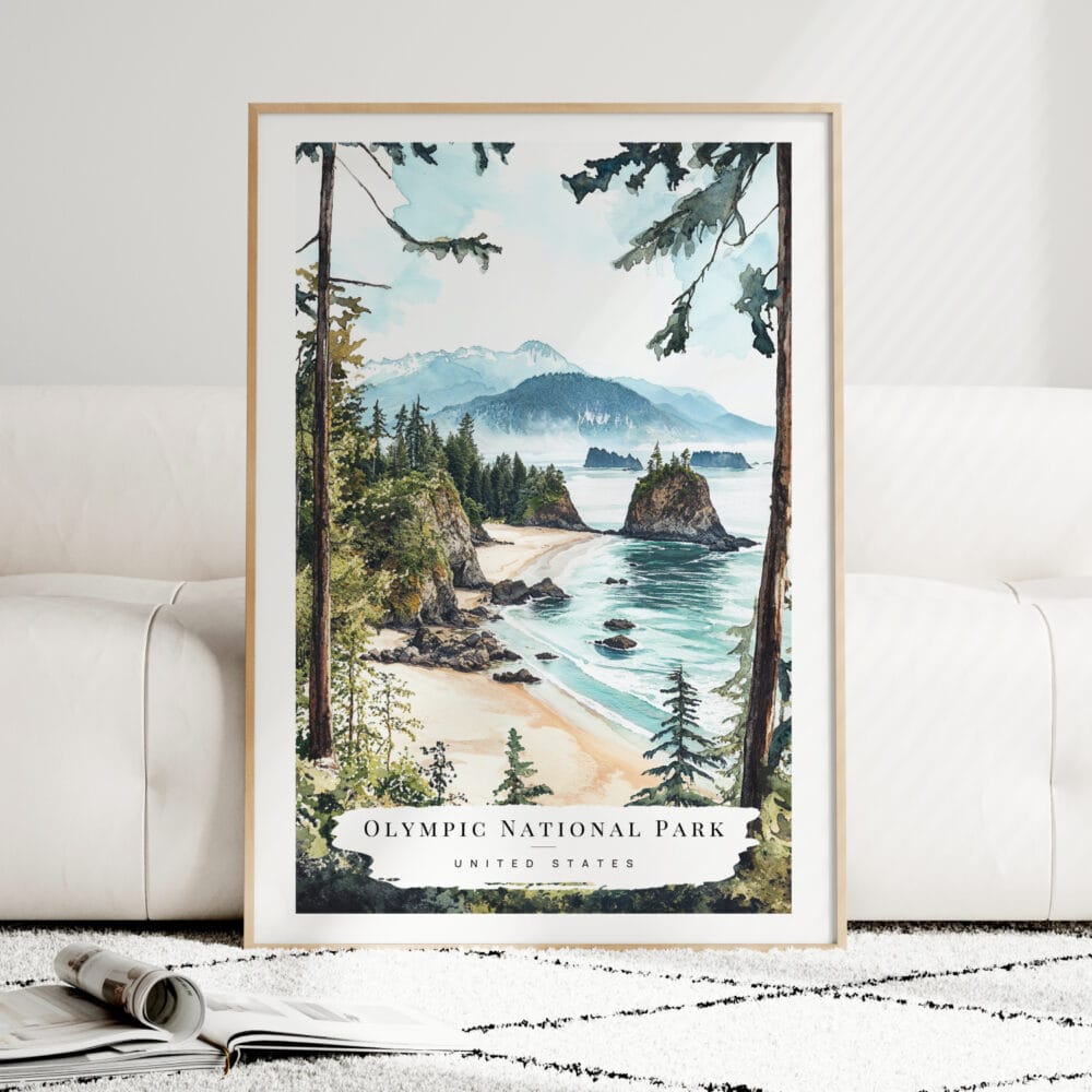 Olympic National Park Watercolor Art Print - Wood Frame standing on Floor Olympic National Park Watercolor Art Print - Wood Frame standing on Floor
