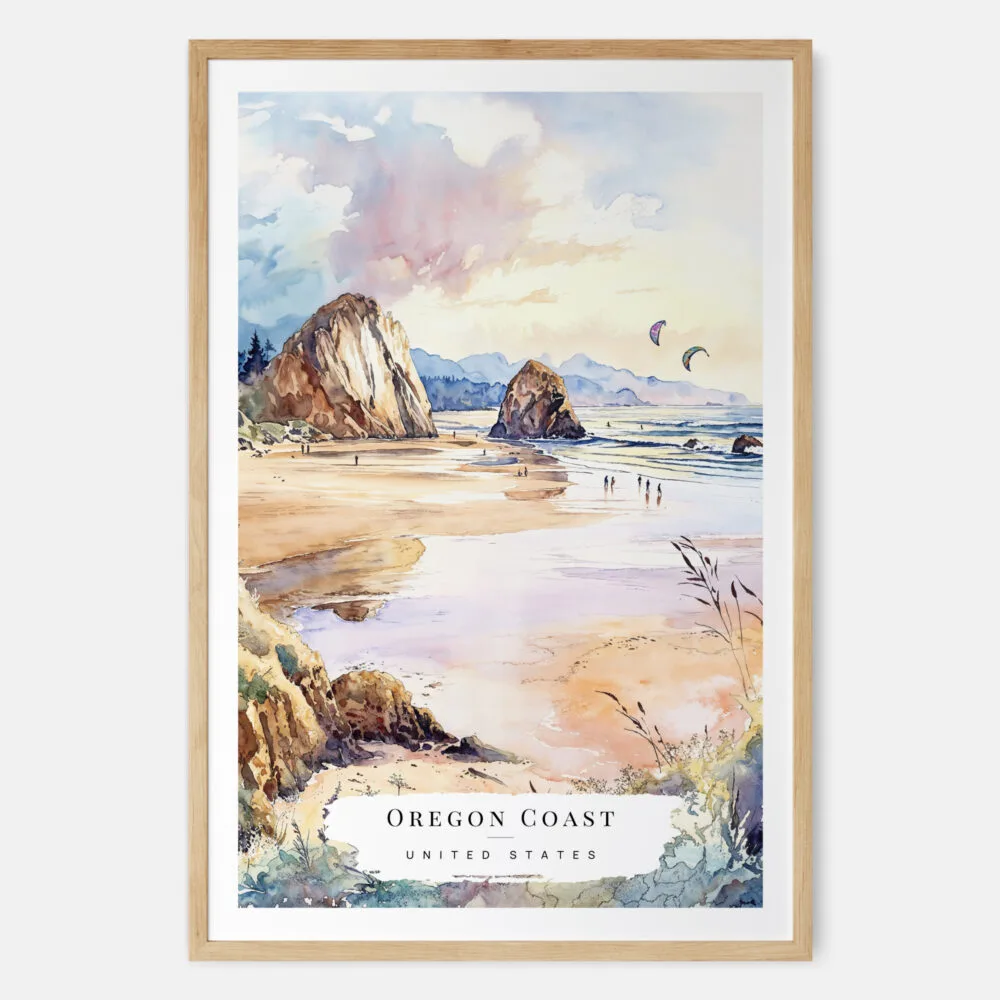 Oregon Coast Watercolor Art Print - Main - Wood Frame