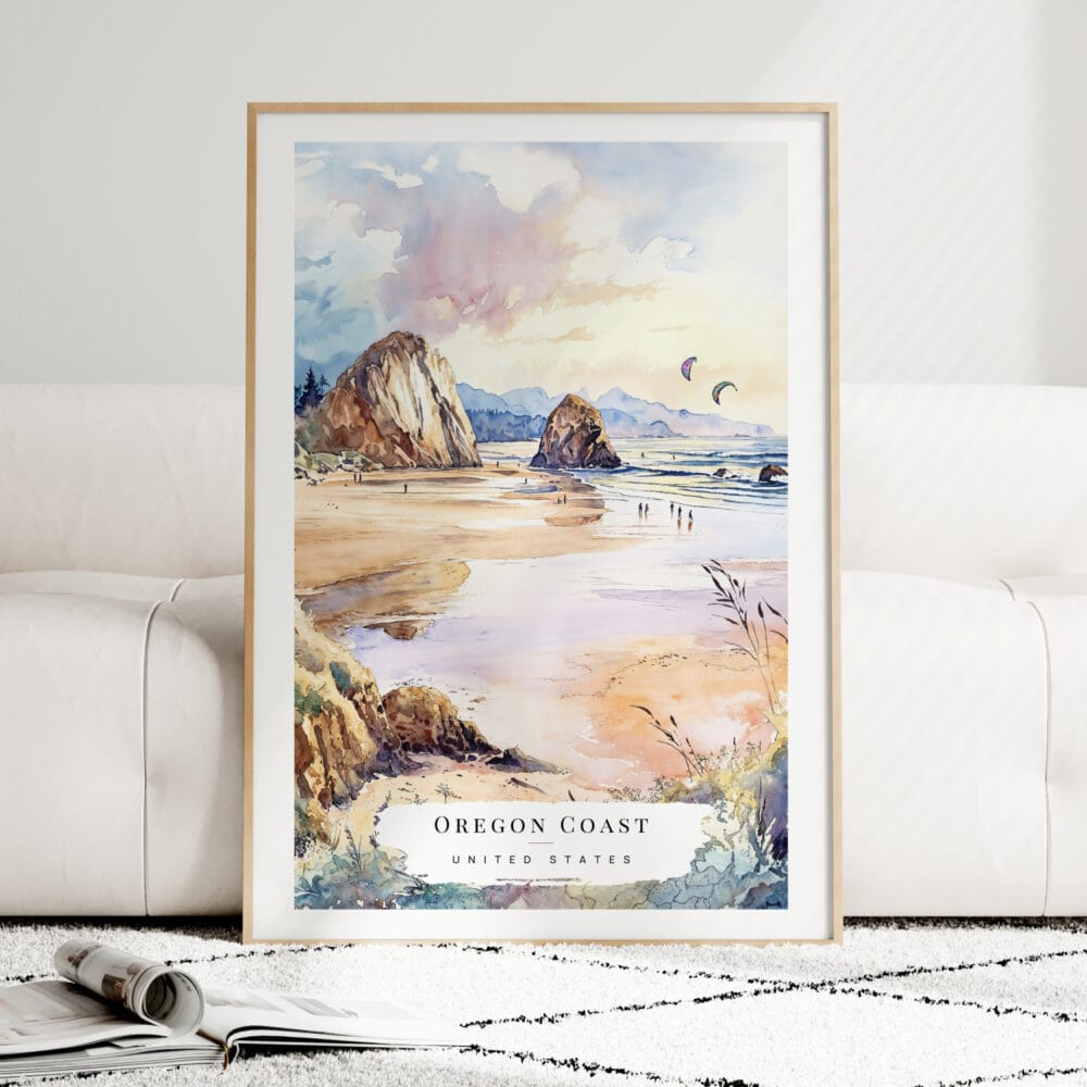 Oregon Coast Watercolor Art Print - Wood Frame standing on Floor Oregon Coast Watercolor Art Print - Wood Frame standing on Floor