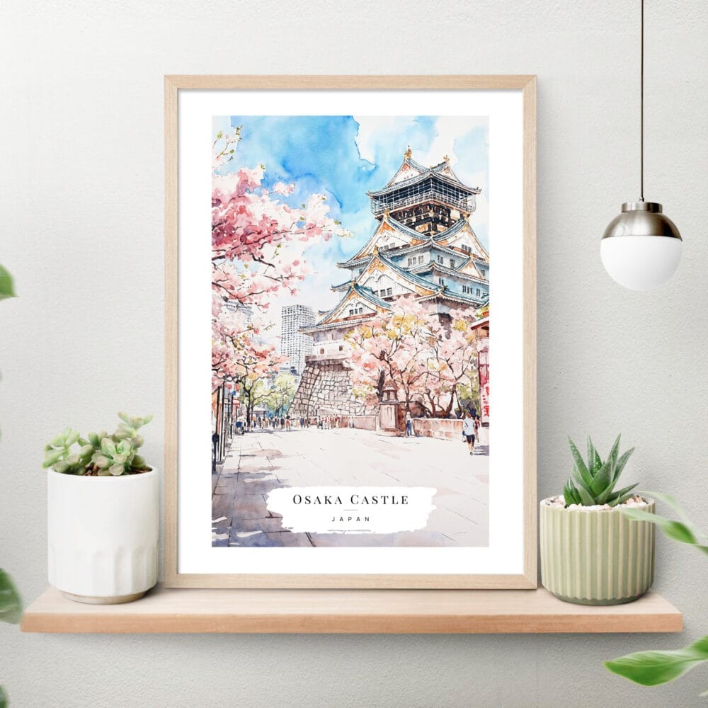 Osaka Castle Watercolor Art Print on shelf Osaka Castle Watercolor Art Print on shelf