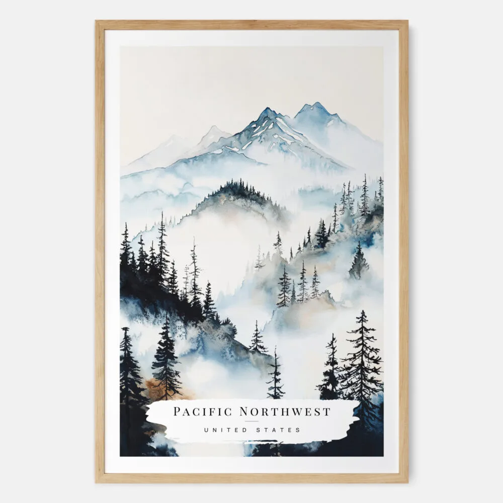 Pacific Northwest Watercolor Art Print - Main - Wood Frame Pacific Northwest Watercolor Art Print - Main - Wood Frame