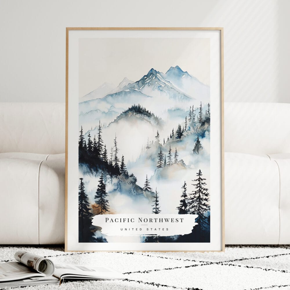 Pacific Northwest Watercolor Art Print - Wood Frame standing on Floor Pacific Northwest Watercolor Art Print - Wood Frame standing on Floor