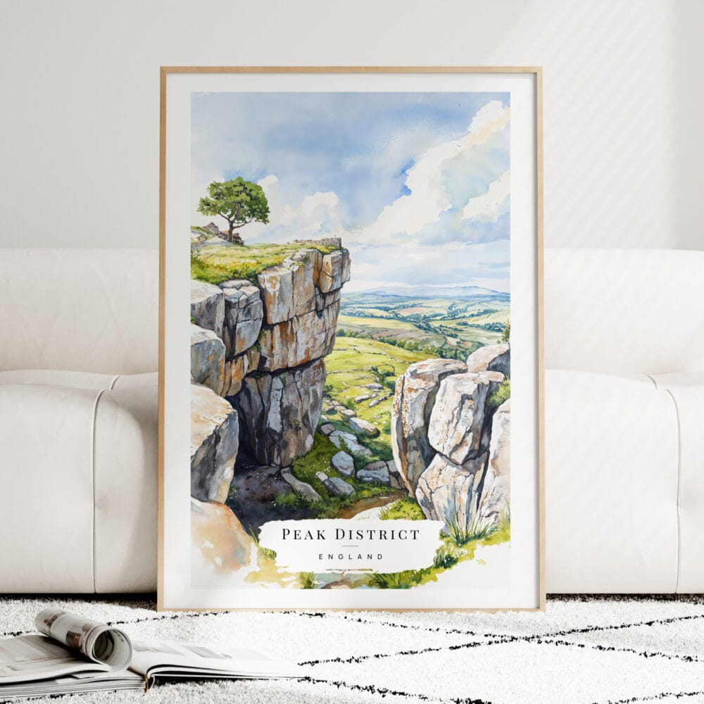 Peak District England Watercolor Art Print - Wood Frame standing on Floor Peak District England Watercolor Art Print - Wood Frame standing on Floor