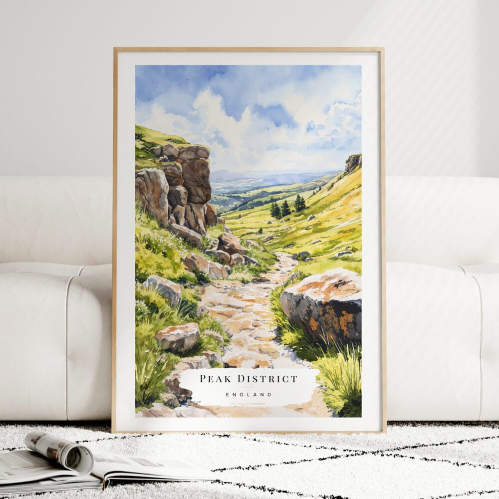 Peak District Watercolor Art Print - Wood Frame standing on Floor Peak District Watercolor Art Print - Wood Frame standing on Floor