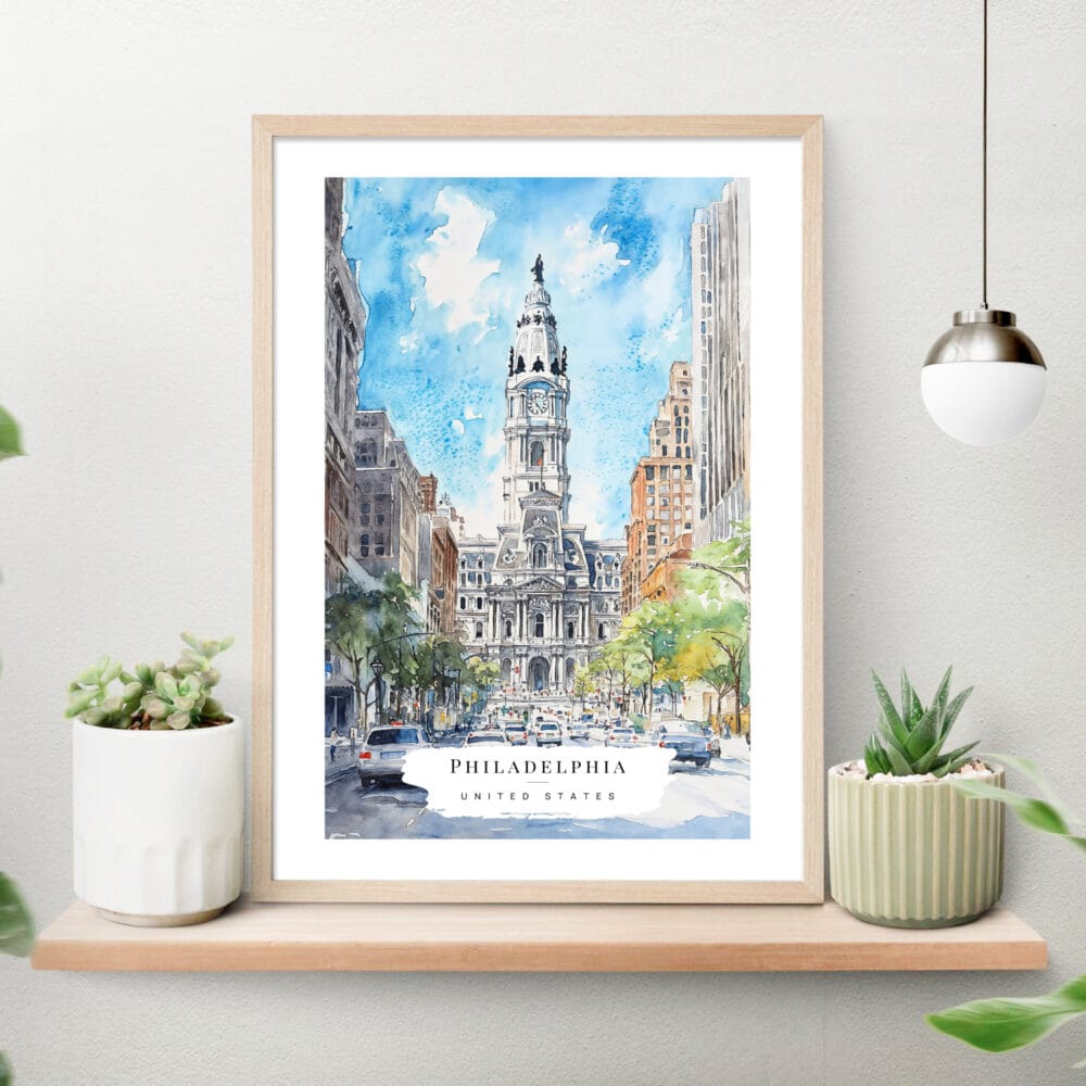 Philadelphia City Hall Watercolor Art Print on shelf Philadelphia City Hall Watercolor Art Print on shelf