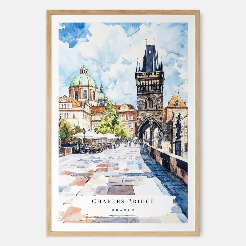 Prague Charles Bridge Watch Tower Watercolor Art Print - Main - Wood Frame