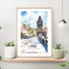 Prague Charles Bridge Watch Tower Watercolor Art Print on shelf