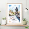 Prague Charles Bridge Watch Tower Watercolor Art Print on shelf