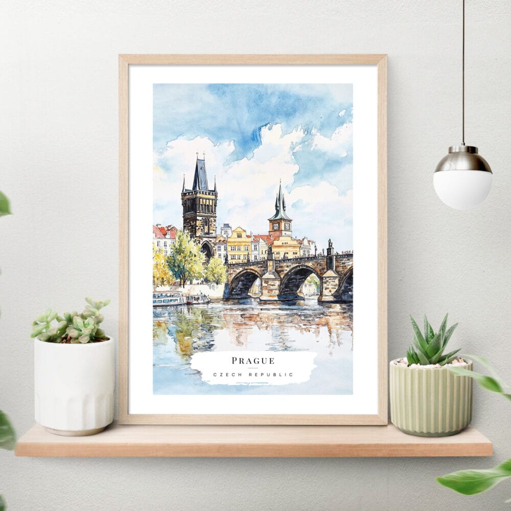 Prague Charles Bridge Watercolor Art Print on shelf Prague Charles Bridge Watercolor Art Print on shelf
