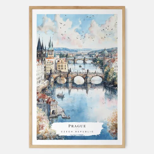 Prague Skyline Watercolor Art Print - Main - Wood Frame