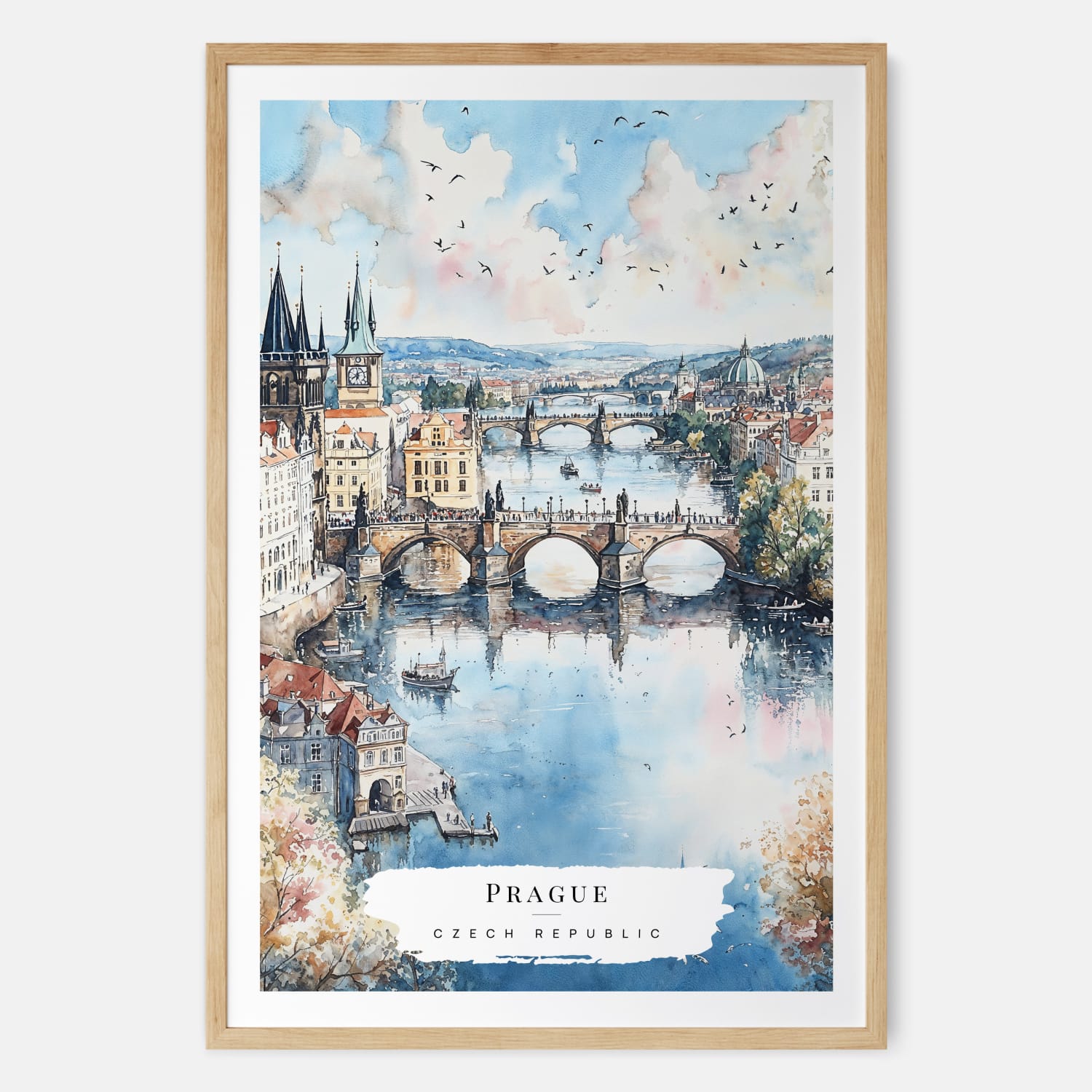 Prague Skyline Watercolor Print – Iconic Charles Bridge & Skyline Art Print