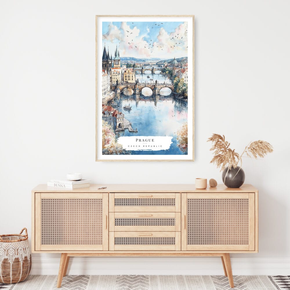 Prague Skyline Watercolor Art Print - Shelf - Portrait Prague Skyline Watercolor Art Print - Shelf - Portrait