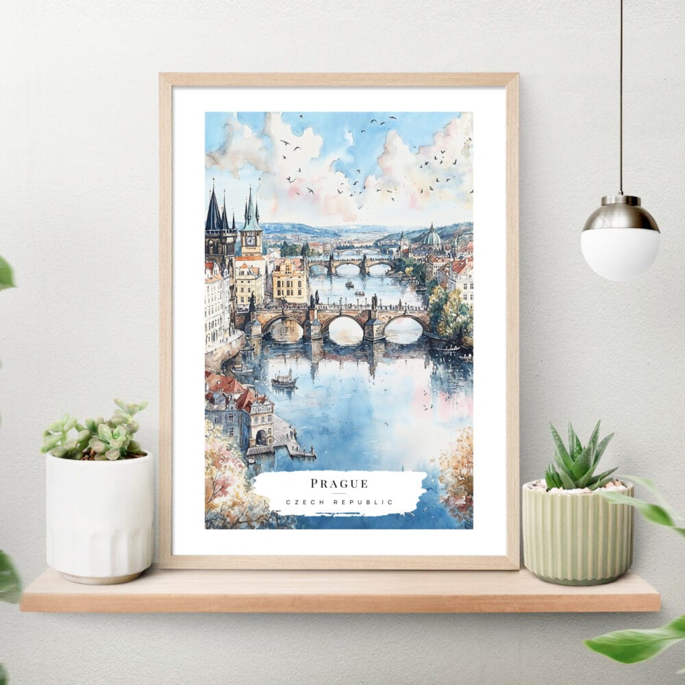 Prague Skyline Watercolor Art Print on shelf Prague Skyline Watercolor Art Print on shelf