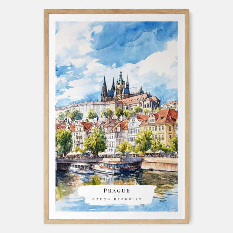 Prague St Vitus Cathedral Watercolor Art Print - Main - Wood Frame