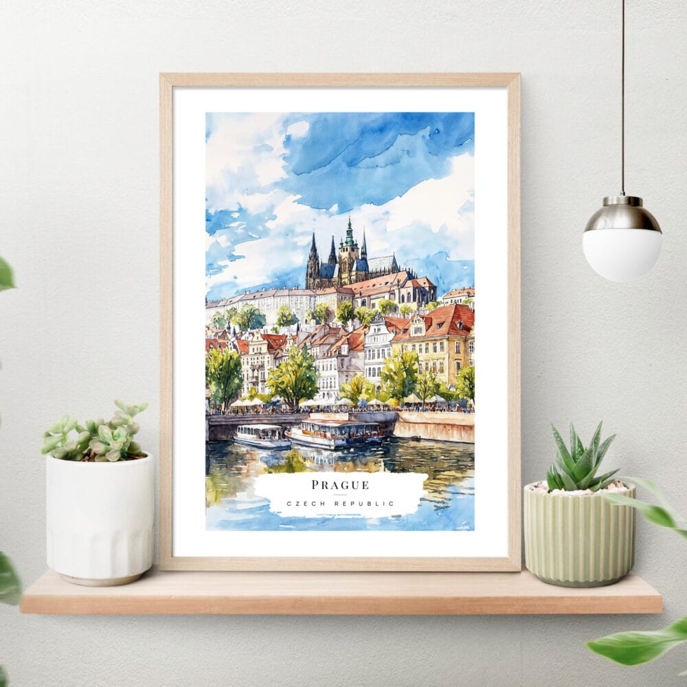 Prague St Vitus Cathedral Watercolor Art Print on shelf Prague St Vitus Cathedral Watercolor Art Print on shelf