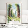 Redwood California National Park Watercolor Art Print - Wood Frame standing on Floor