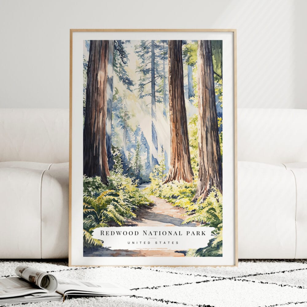 Redwood National Park Watercolor Art Print - Wood Frame standing on Floor Redwood National Park Watercolor Art Print - Wood Frame standing on Floor