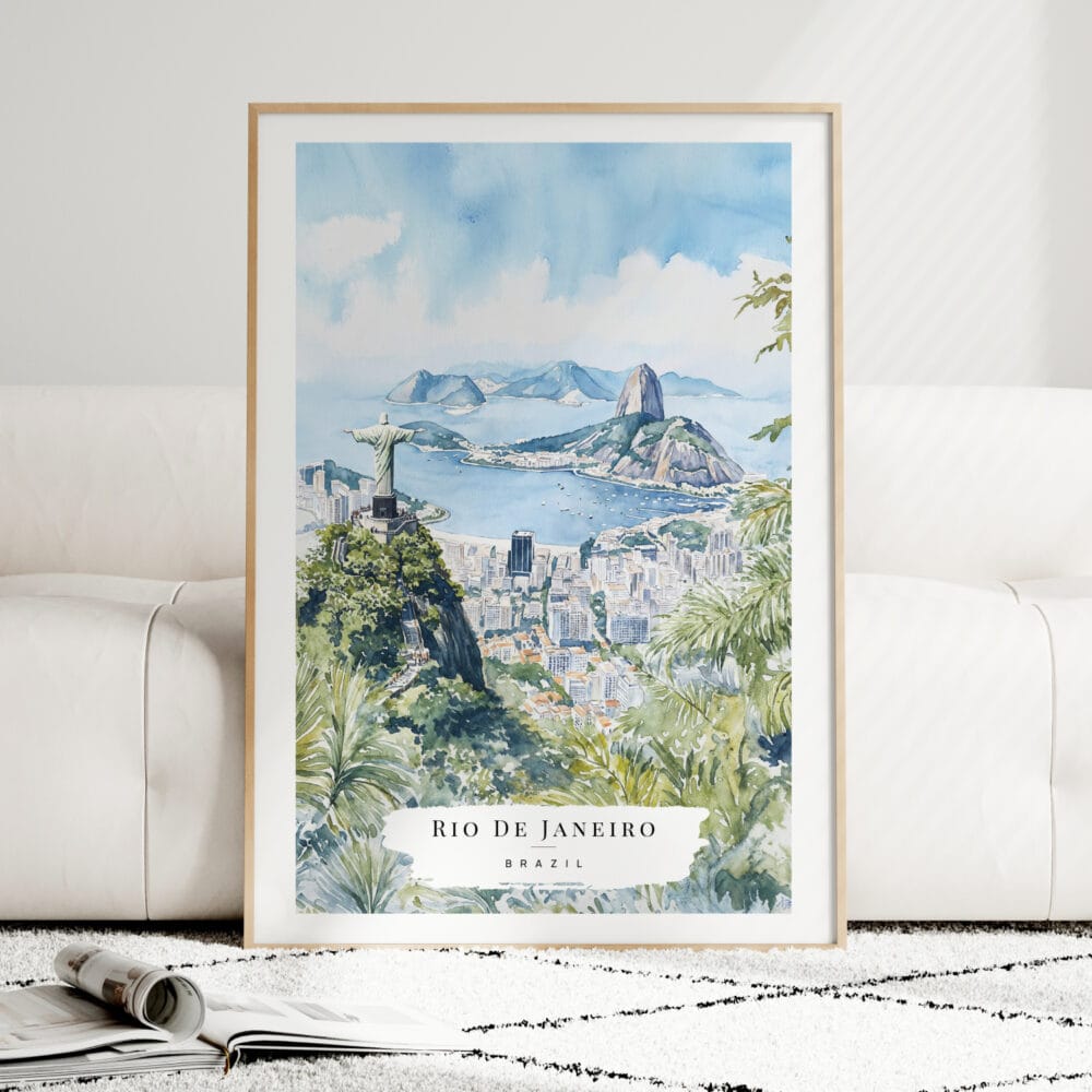 Rio De Janeiro Watercolor Art Print - Wood Frame standing on Floor Rio De Janeiro Watercolor Art Print - Wood Frame standing on Floor