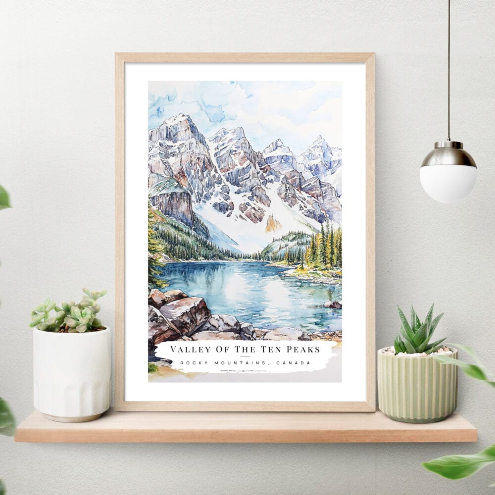Rocky Mountains Valleys Of the Ten Peaks Watercolor Art Print on shelf Rocky Mountains Valleys Of the Ten Peaks Watercolor Art Print on shelf