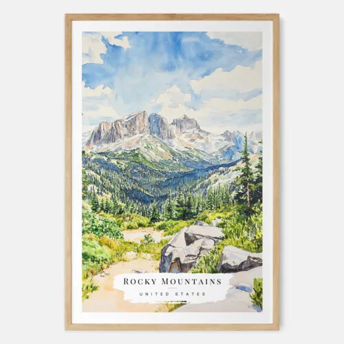 Rocky Mountains Watercolor Art Print - Main - Wood Frame