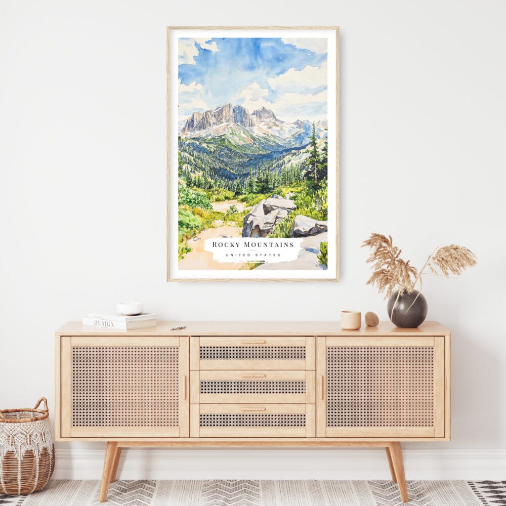 Rocky Mountains Watercolor Art Print - Shelf - Portrait Rocky Mountains Watercolor Art Print - Shelf - Portrait