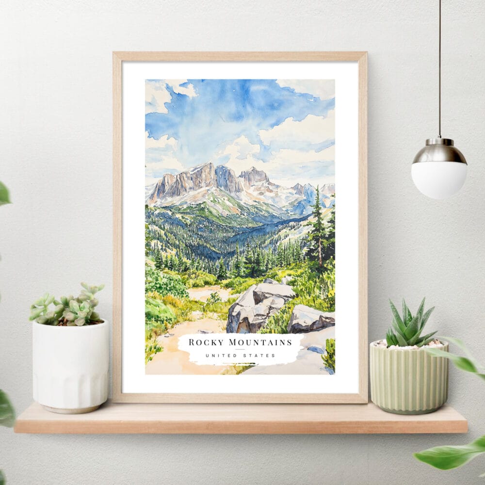 Rocky Mountains Watercolor Art Print on shelf Rocky Mountains Watercolor Art Print on shelf