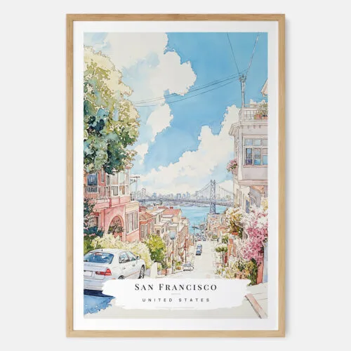 San Francisco Lombard Street Watercolor Art Print - Main - Wood Frame