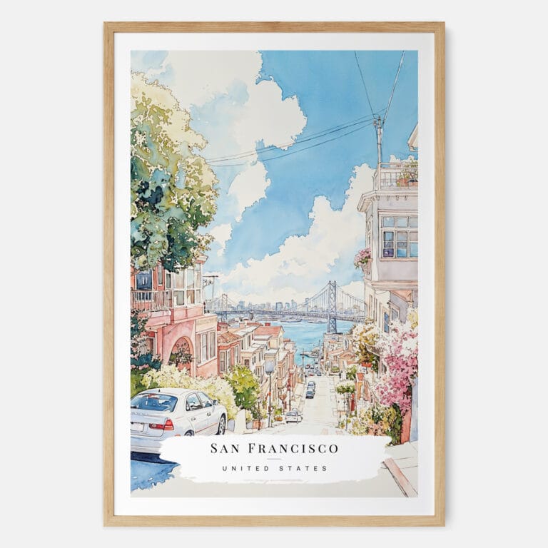 San Francisco Lombard Street Watercolor Art Print - Main - Wood Frame