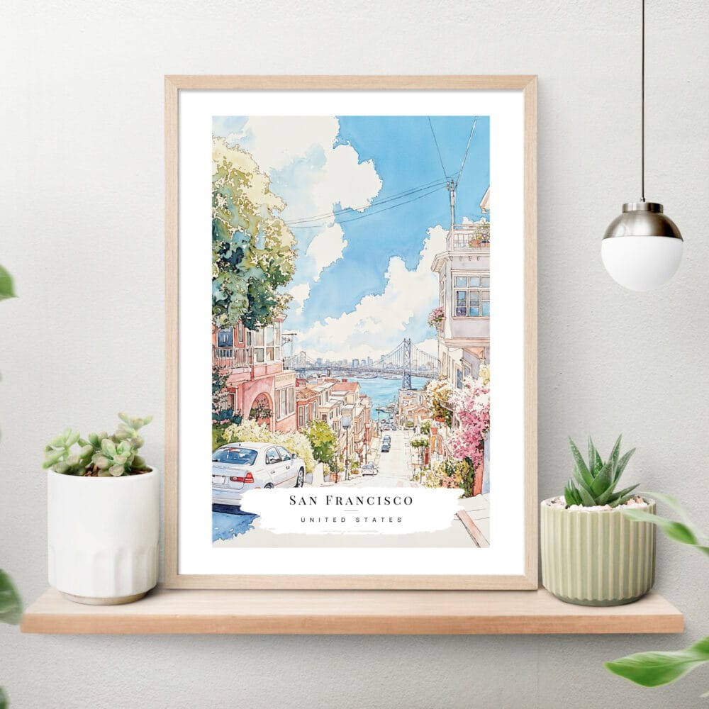 San Francisco Lombard Street Watercolor Art Print on shelf San Francisco Lombard Street Watercolor Art Print on shelf