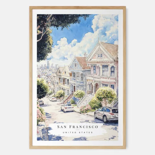 San Francisco Painted Ladies Watercolor Art Print - Main - Wood Frame