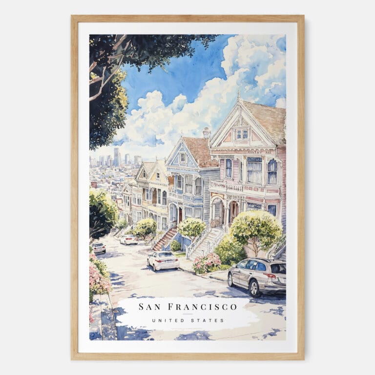 San Francisco Painted Ladies Watercolor Art Print - Main - Wood Frame