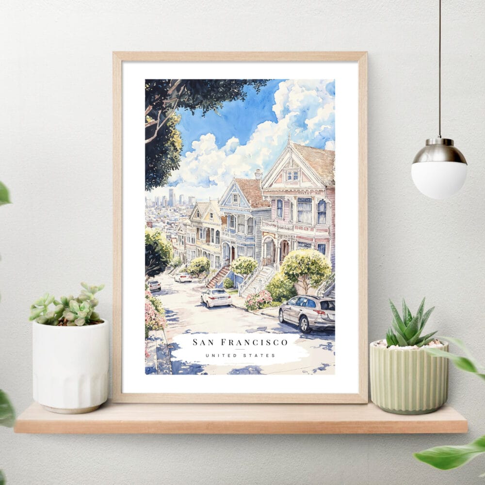 San Francisco Painted Ladies Watercolor Art Print on shelf San Francisco Painted Ladies Watercolor Art Print on shelf