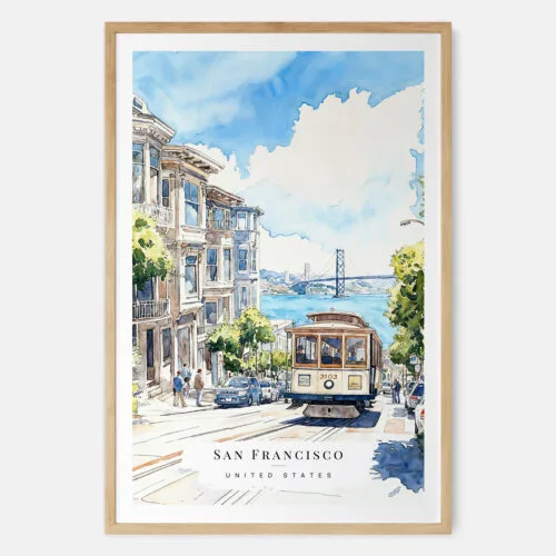 San Francisco Tram Watercolor Art Print - Main - Wood Frame